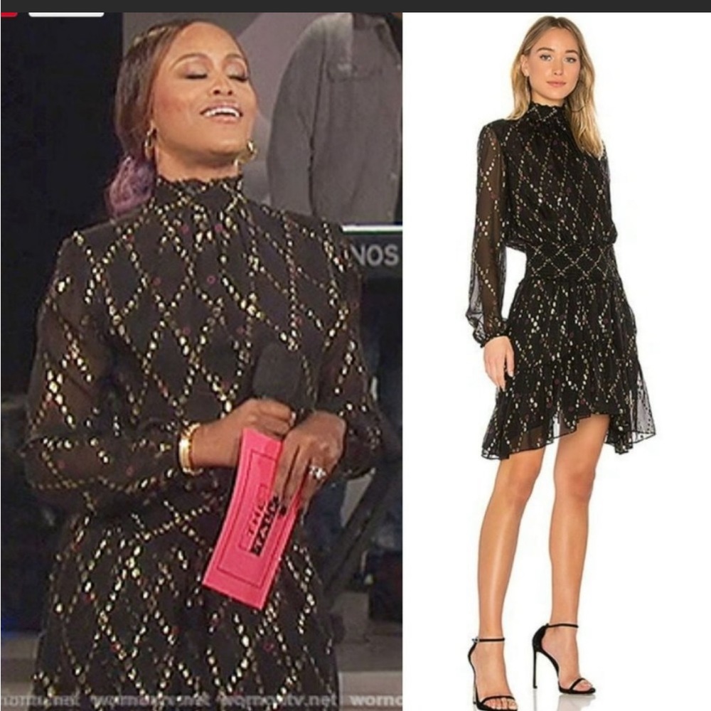 A.L.C. Tula Black Gold Metallic Dress Silk Blend Smocked Waist Long Sleeves 6